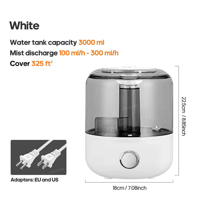 White air humidifier with 3L tank and EU/US plug options