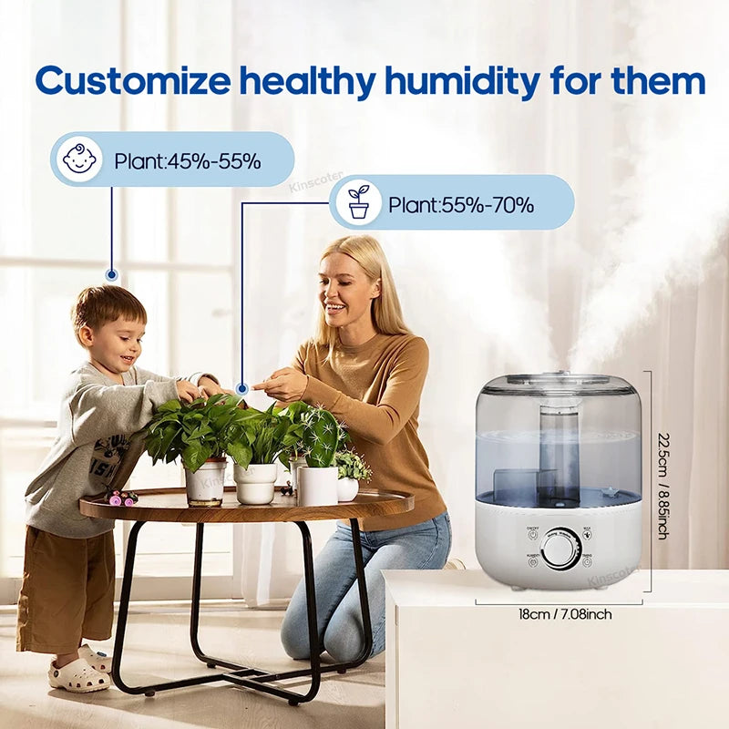 White Kinscoter humidifier with child and plant-friendly humidity settings