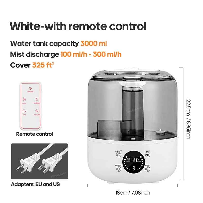 White humidifier with remote control and 325 square feet coverage
