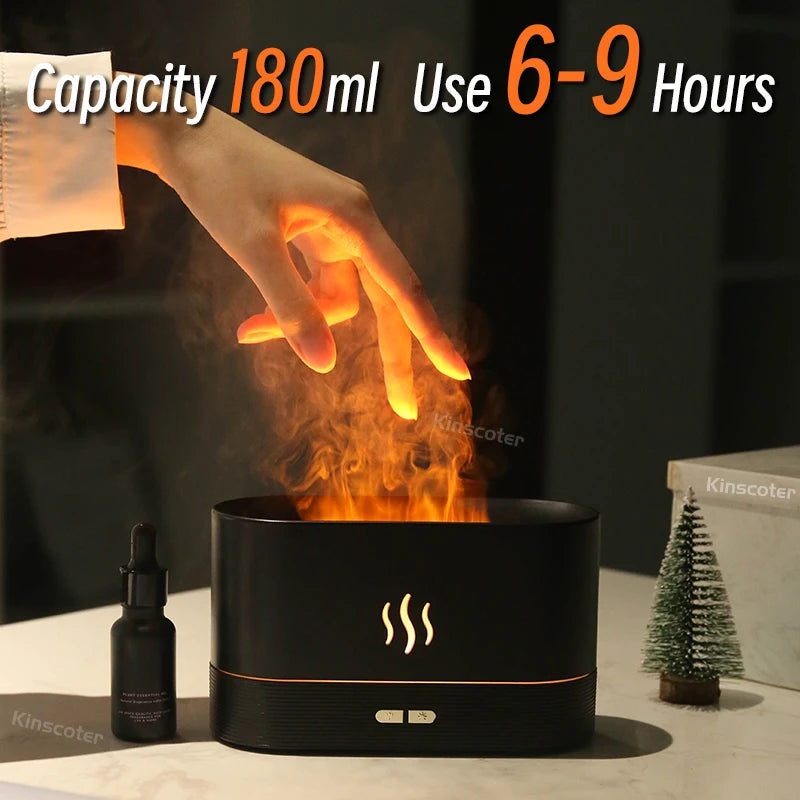180ml black diffuser with realistic flame effect, used for 6-9 hours continuously