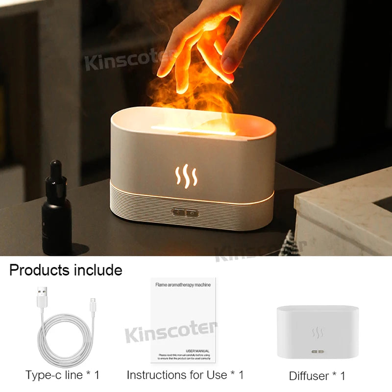 White Kinscoter diffuser emitting warm flame mist, ideal for relaxation and humidification