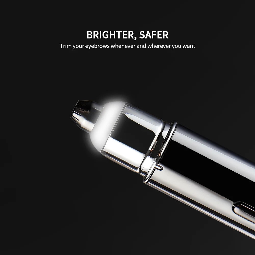 Close-up of eyebrow trimmer head with bright LED illumination