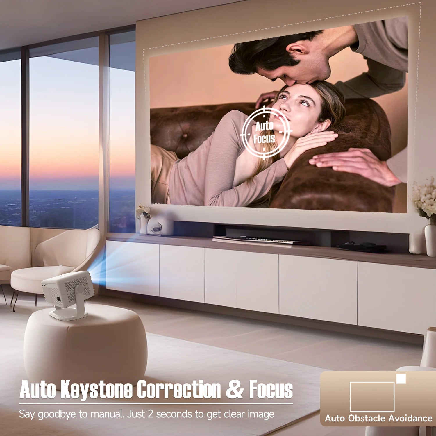 Living room with a large screen displaying a couple, featuring an auto Keystone correction and focus system.