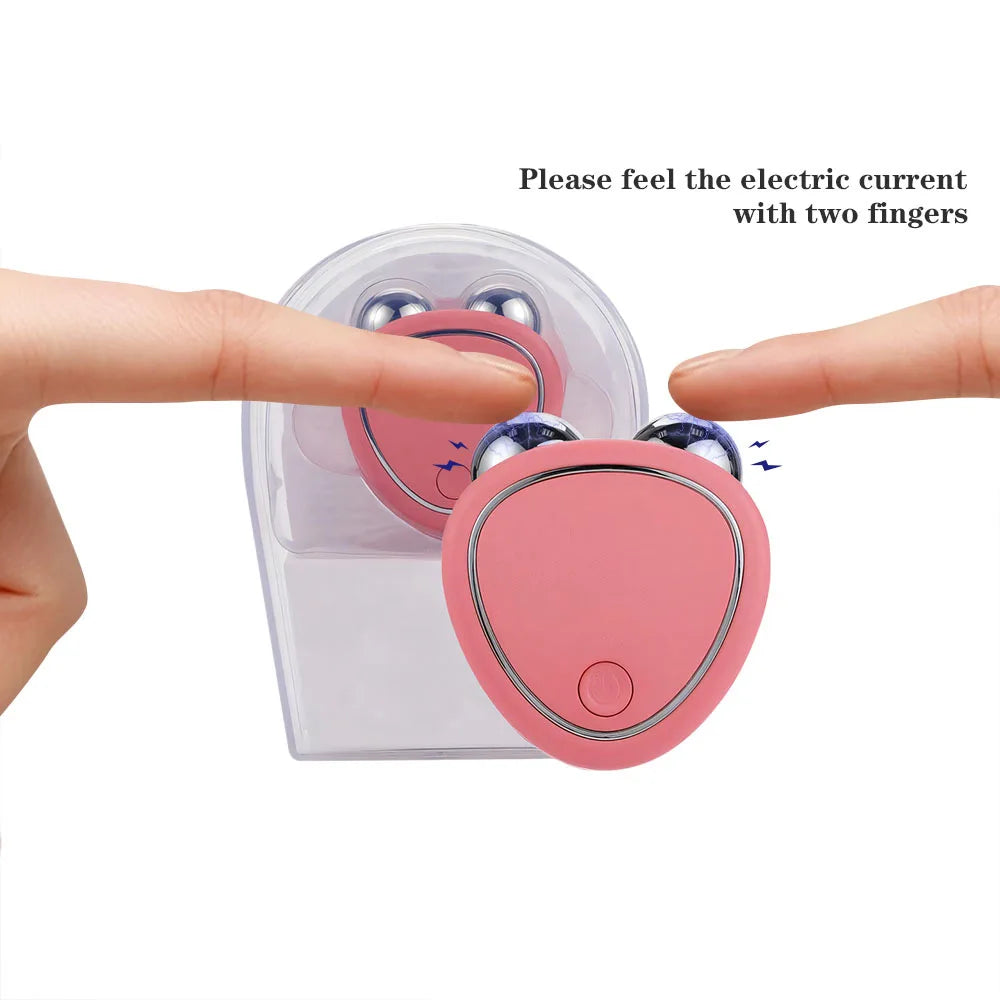 Pink electronic device with a heart shape, showing text on a white background