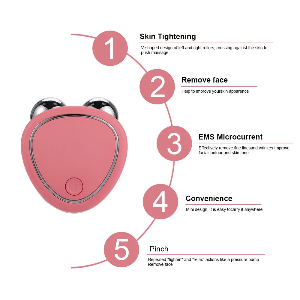 Pink facial device with text describing its features on a white background