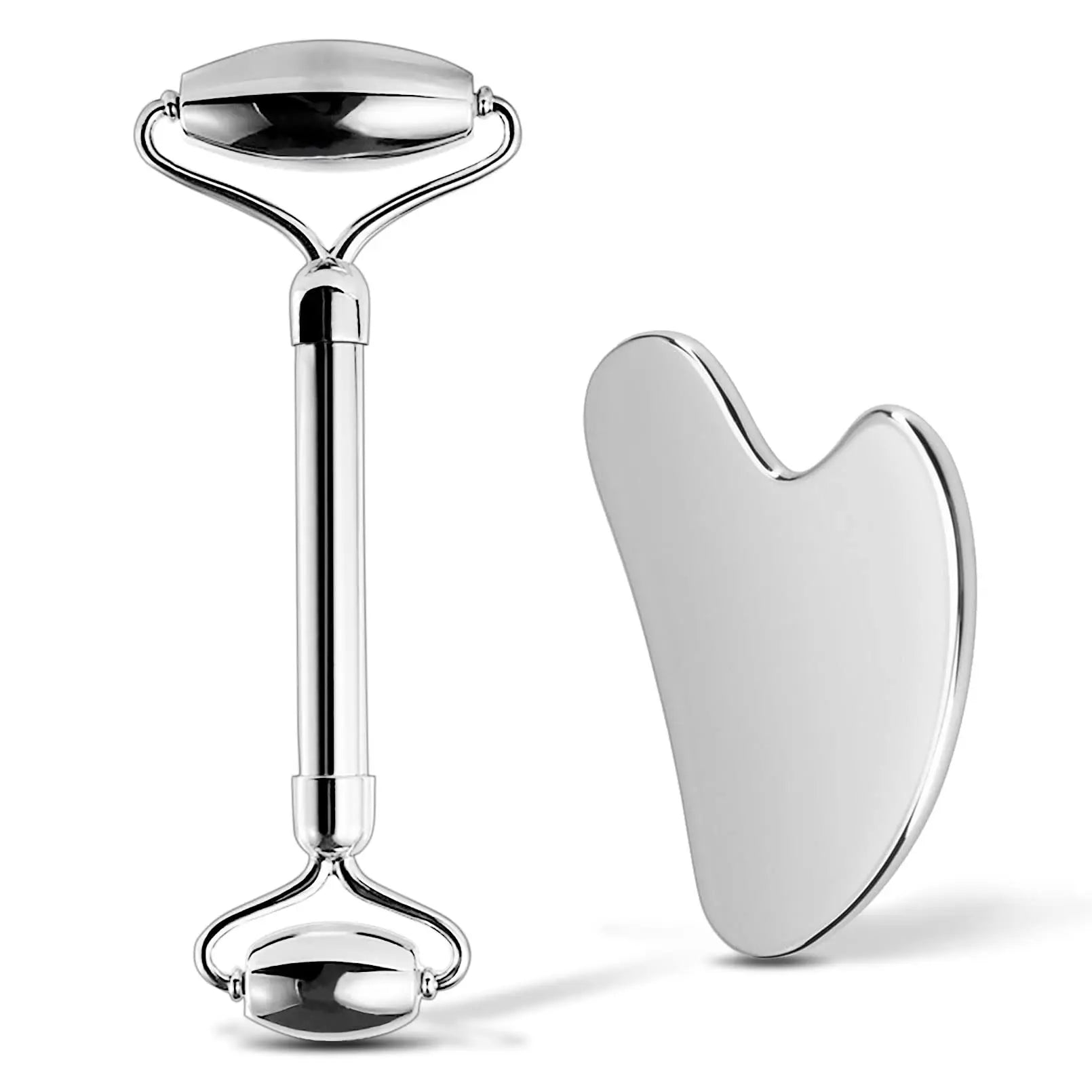 Silver facial roller and gua sha tool on a white background