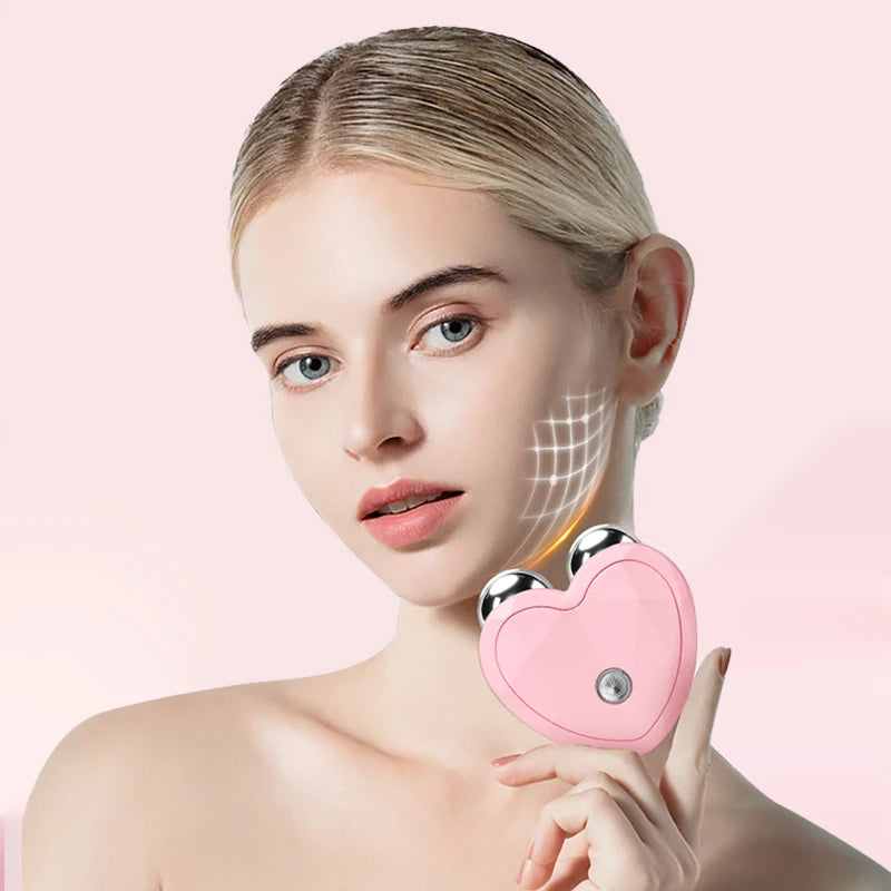 Blonde woman using pink heart-shaped microcurrent face lift device