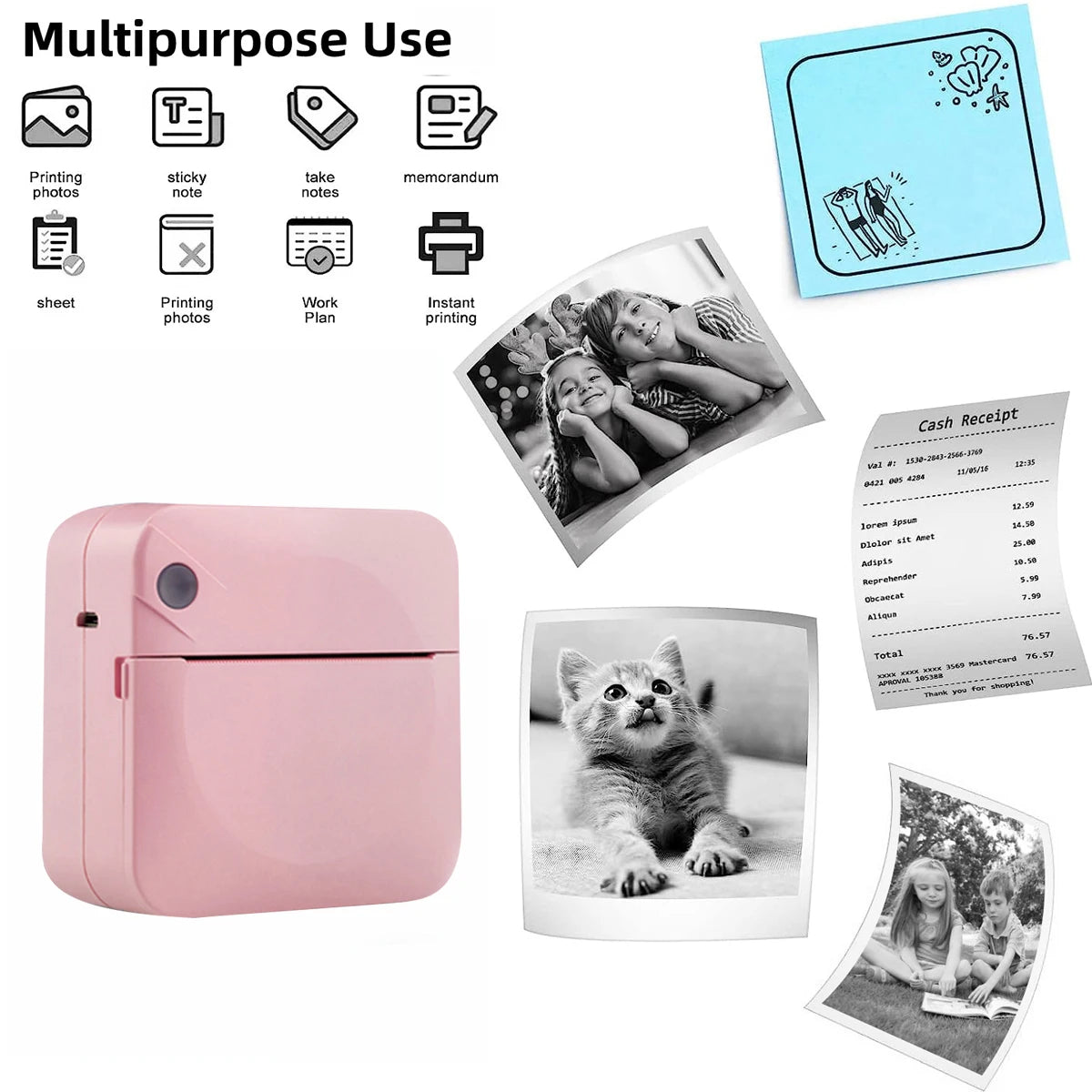 Pink portable printer with printed photos and documents on a white background