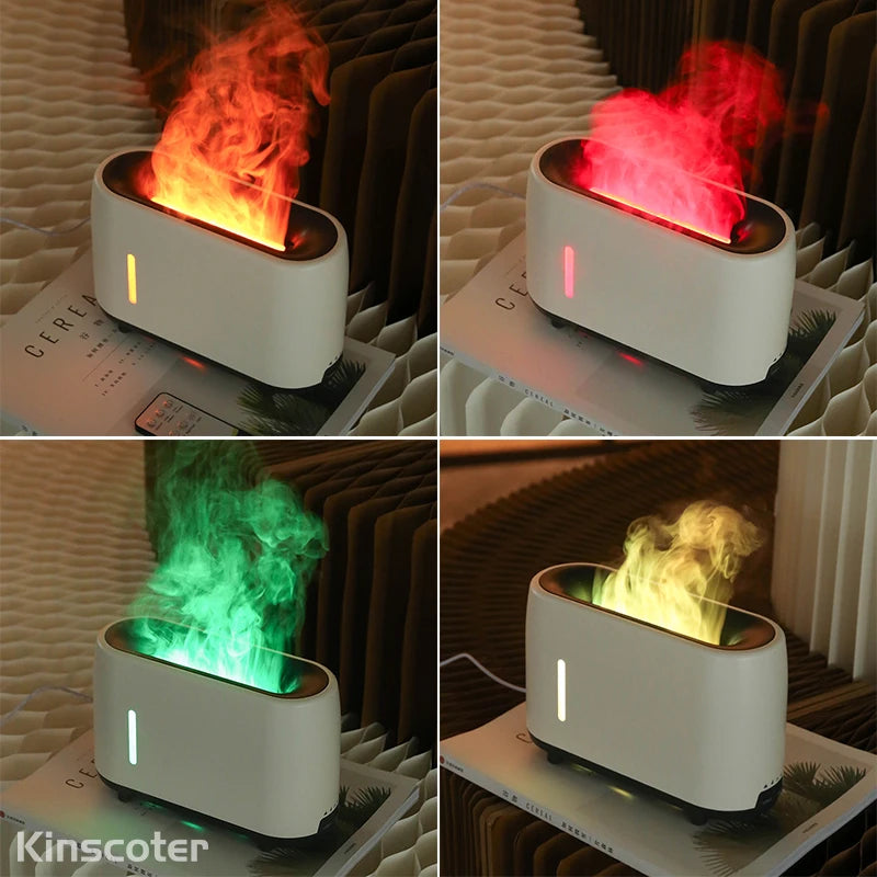 Four views of white flame-effect humidifier emitting red, green, yellow, and orange mist