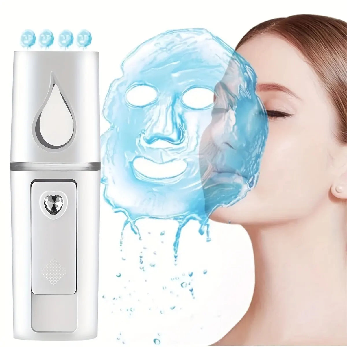 Nano mist sprayer releasing hydrating mist onto woman's face with water mask effect