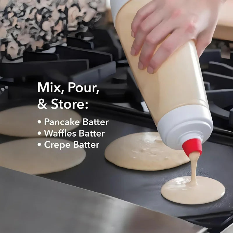 Mix, pour, and store pancake, waffle, and crepe batter in squeeze bottle