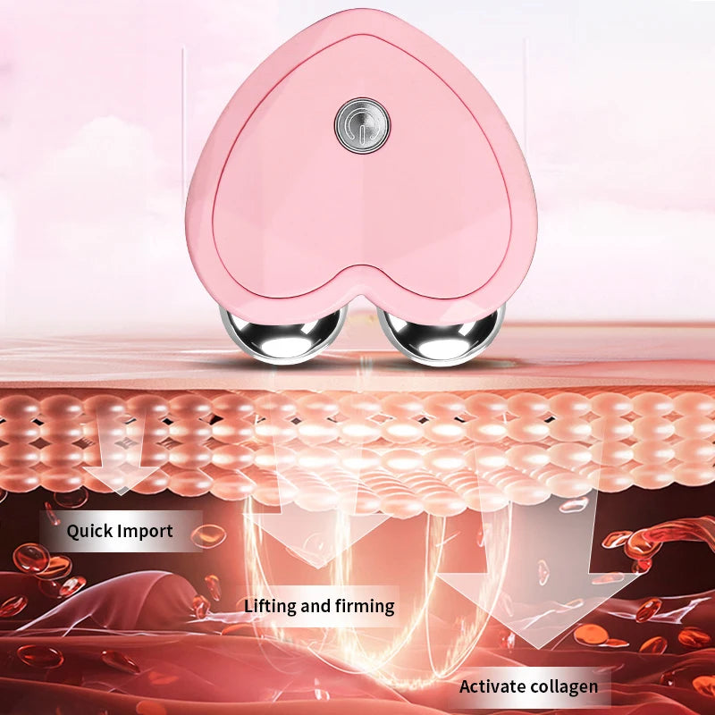 Pink microcurrent beauty device demonstrating skin lifting and collagen activation