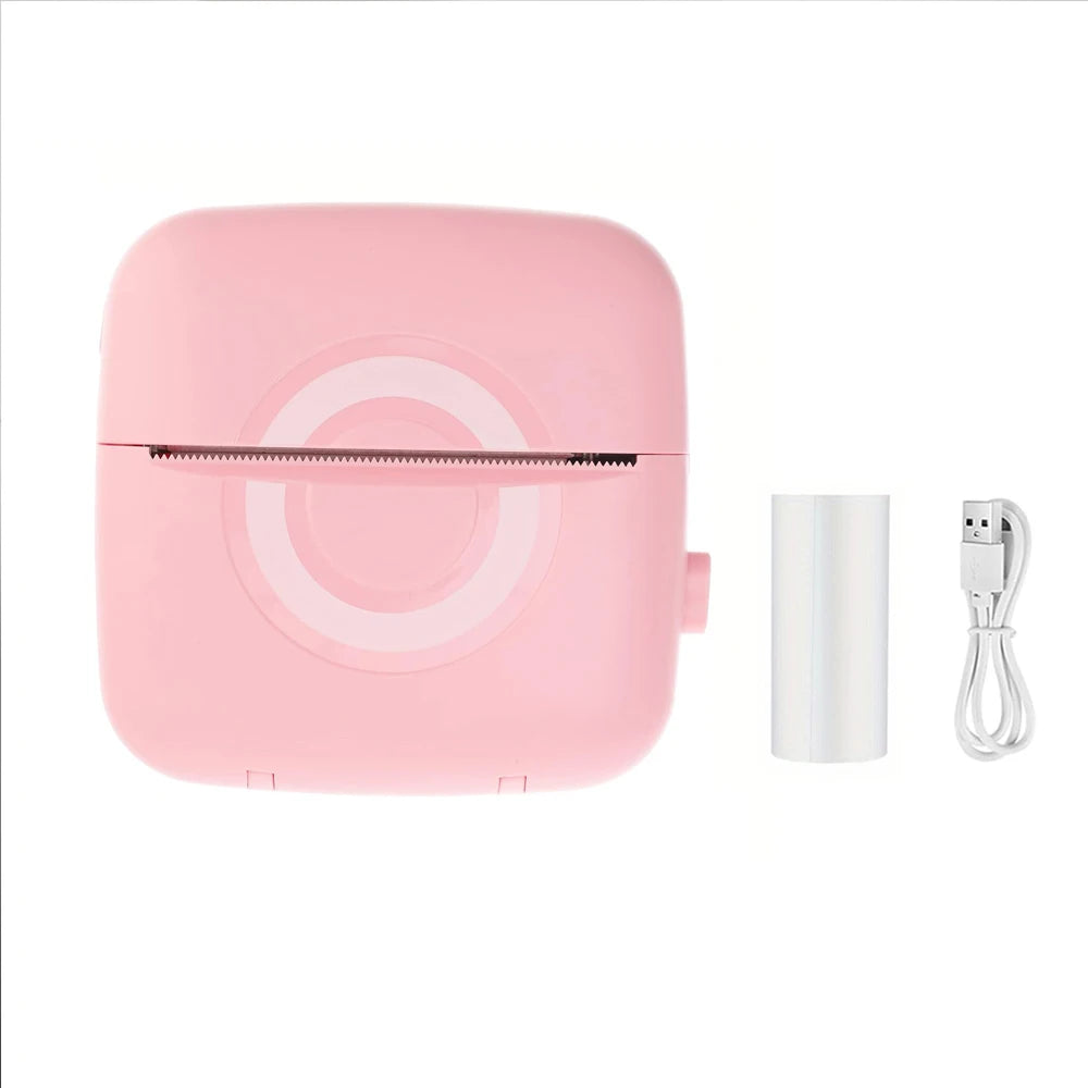 Pink electronic case with a white cylindrical device and cable on a white background