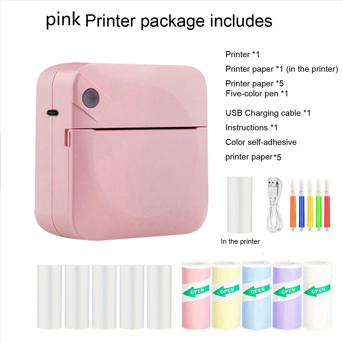 Pink printer package with included items on a white background