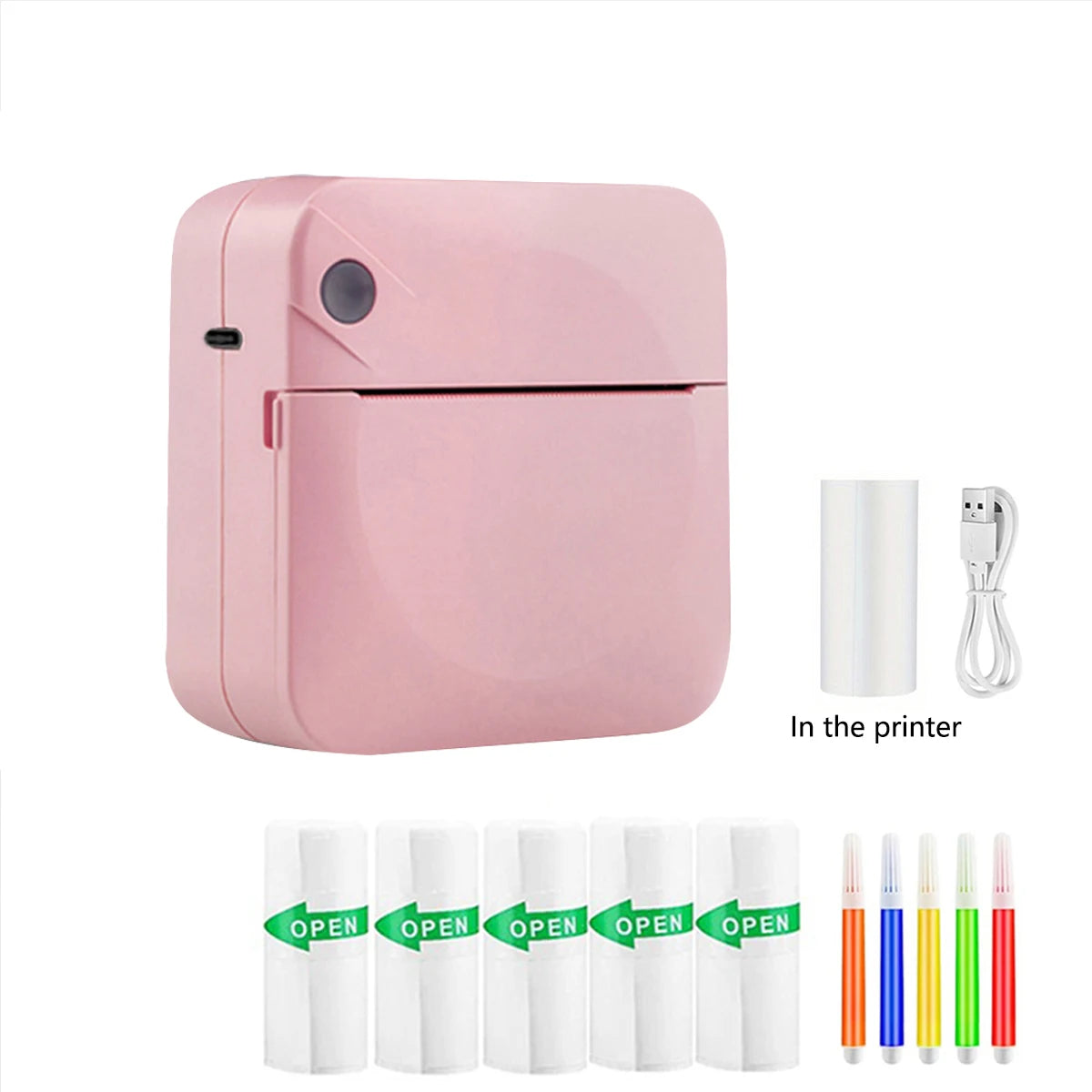 Pink portable printer with ink cartridges and cables on a white background