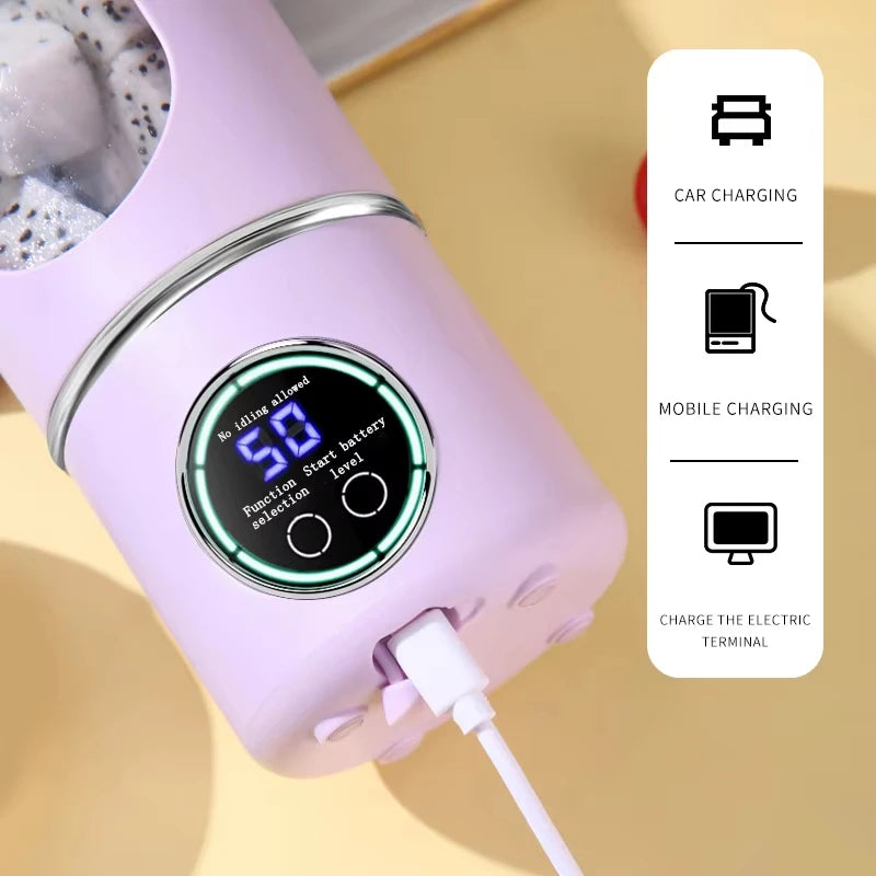 Pink portable power bank with digital display on a beige background
