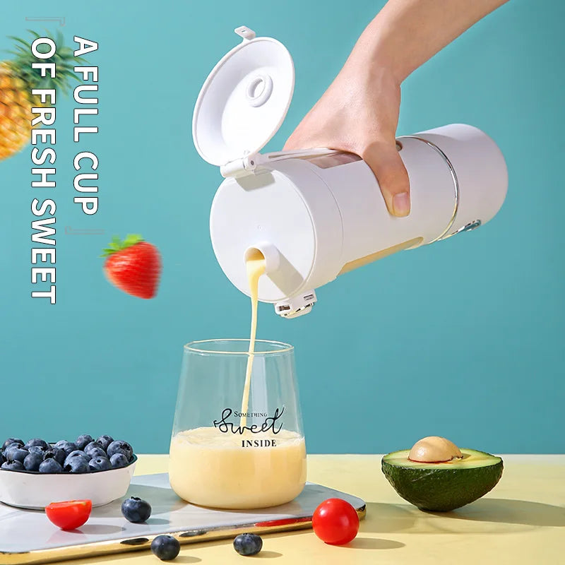 Person pouring a smoothie into a glass with fruits and a blue background