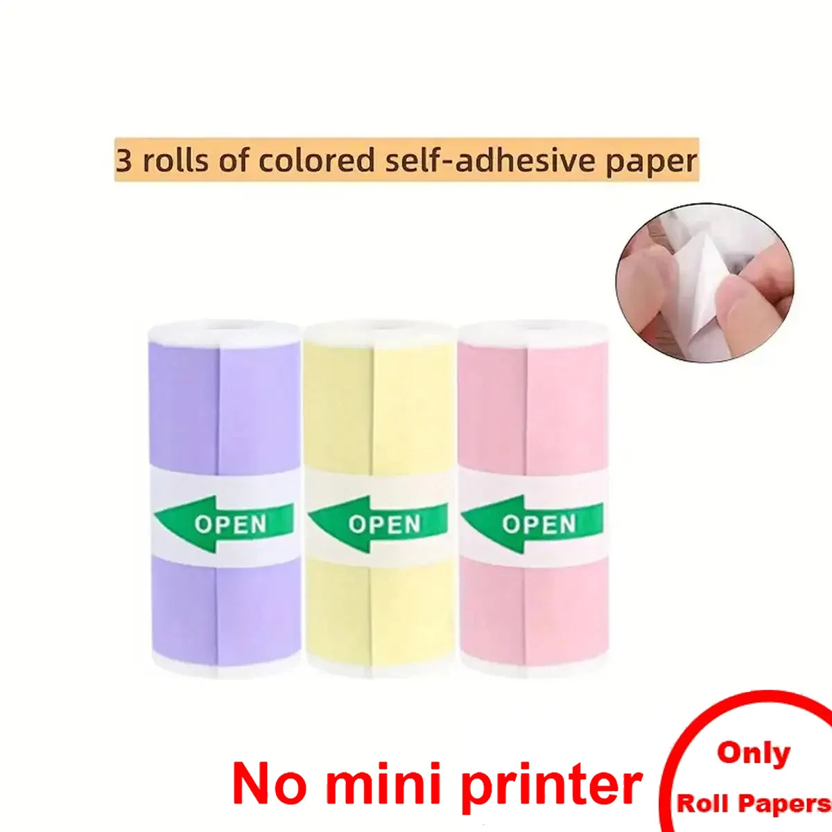 Three rolls of colored self-adhesive paper with 'OPEN' labels on a white background.