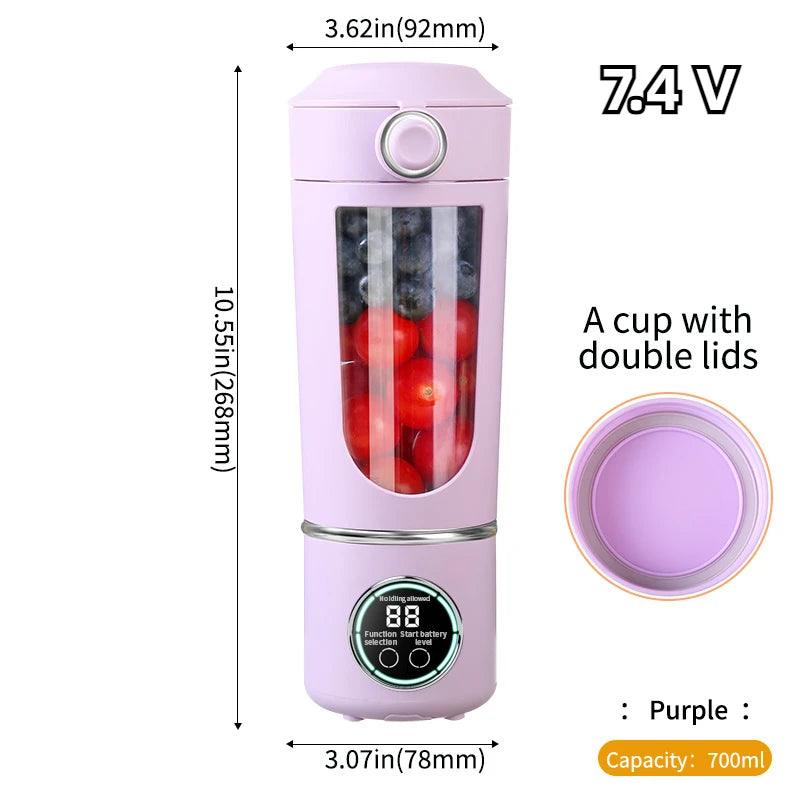 Purple portable blender with measurements and capacity details on a white background