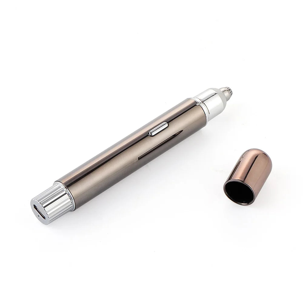 Rechargeable eyebrow trimmer with chrome finish and removed cap