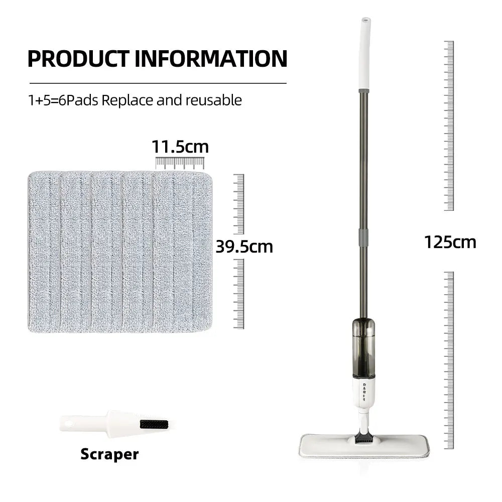 Floor Spray Mop Set with 6 Microfiber Pads and Size Measurements