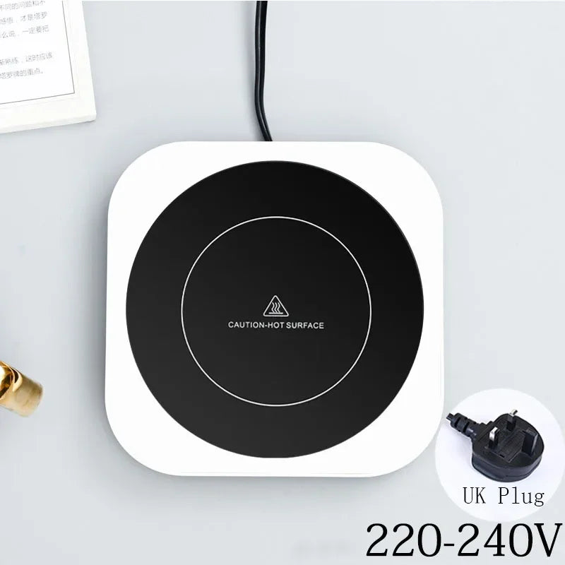 Square electric mug warmer with UK plug, ideal for tea and coffee at home