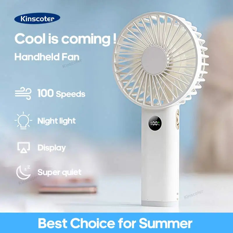Powerful handheld fan with 100 speed levels, night light, digital display, and quiet operation