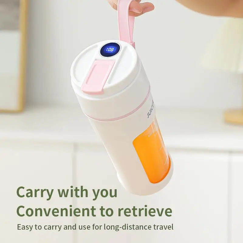 White travel mug with pink lid and orange handle on a white background