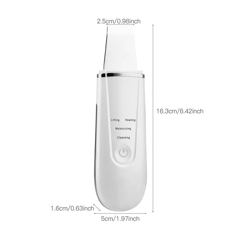 Dimensions of the white ultrasonic skin scrubber with blade measurement.