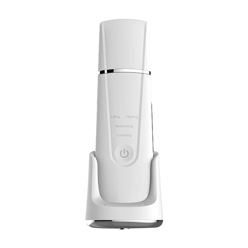 Ultrasonic skin scrubber in white with ergonomic design and multiple skincare modes.