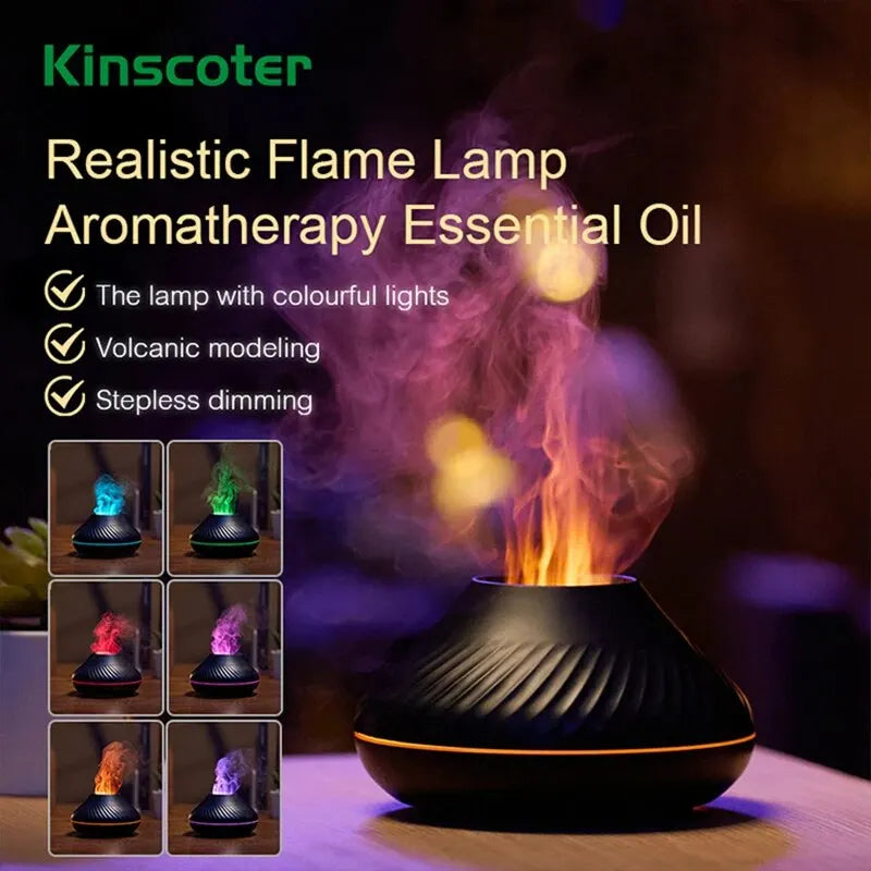 Volcanic aroma diffuser with colorful flame mist effect for mood lighting