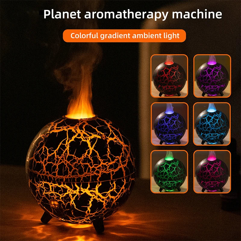 Planet aromatherapy machine with colorful gradient ambient light on a dark background