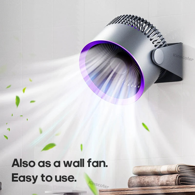 Wall-mounted air circulation fan cooling bathroom with multi-directional airflow.