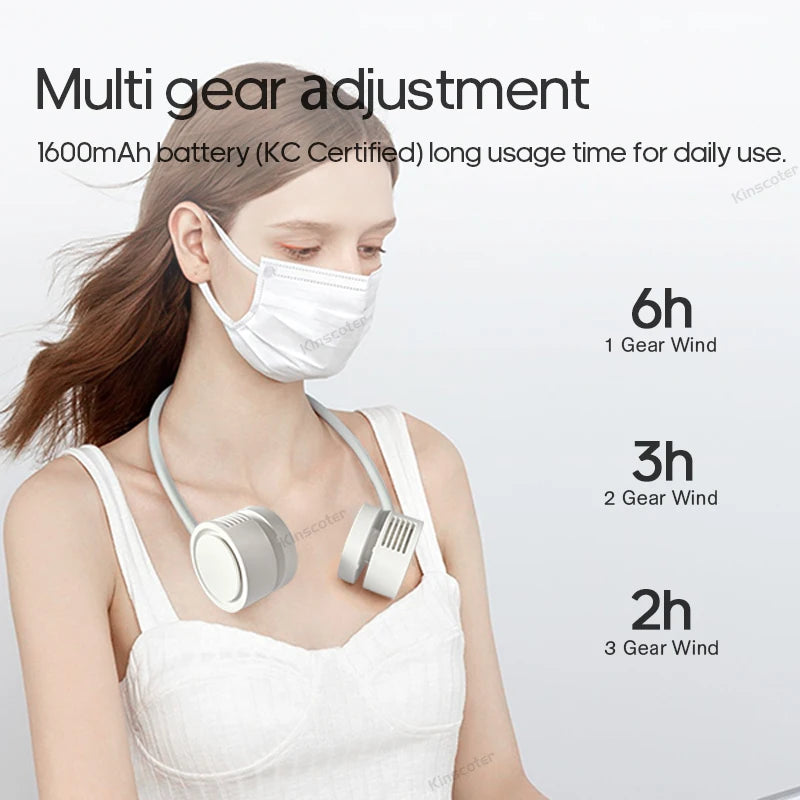 Woman wearing neck fan with multi-speed airflow – up to 6 hours use