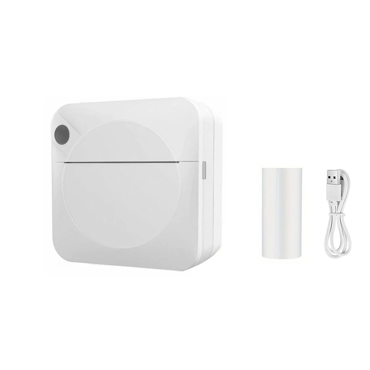 White electronic device with a small cylindrical container and charging cable on a white background