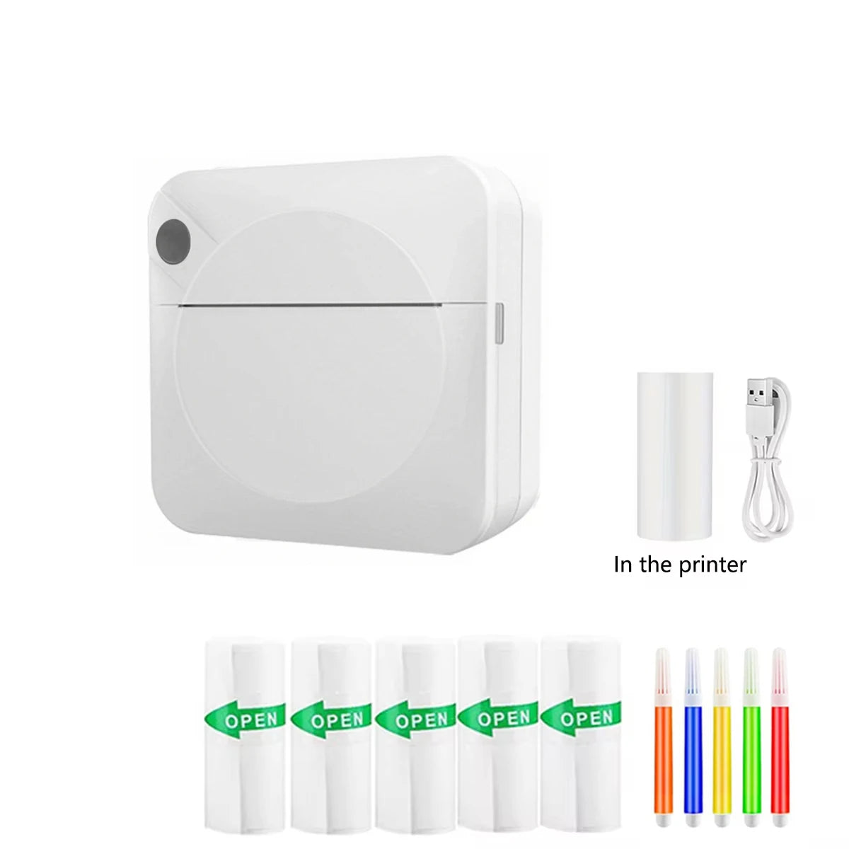 White portable printer with ink cartridges and labels on a white background