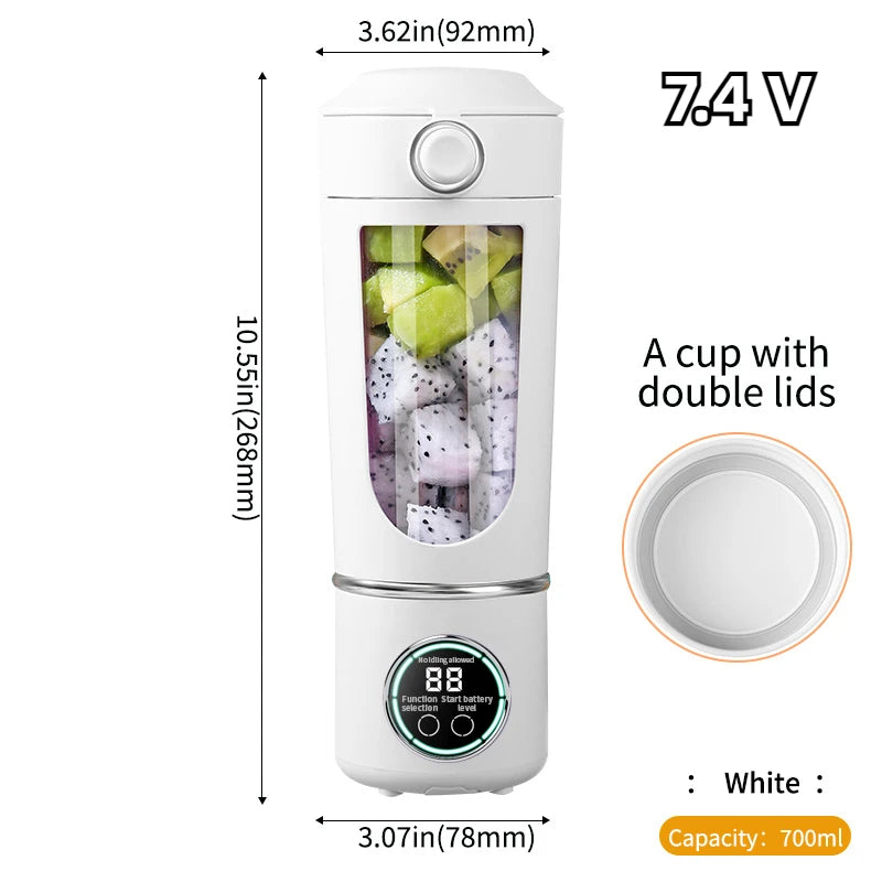 White portable blender cup with measurements and fruit inside on a white background
