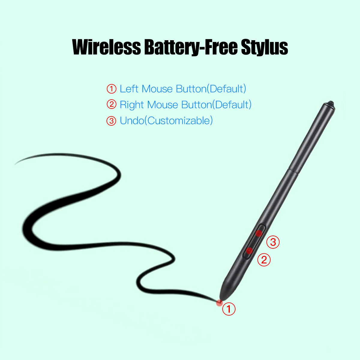 Wireless battery-free stylus pen with customizable buttons for digital drawing