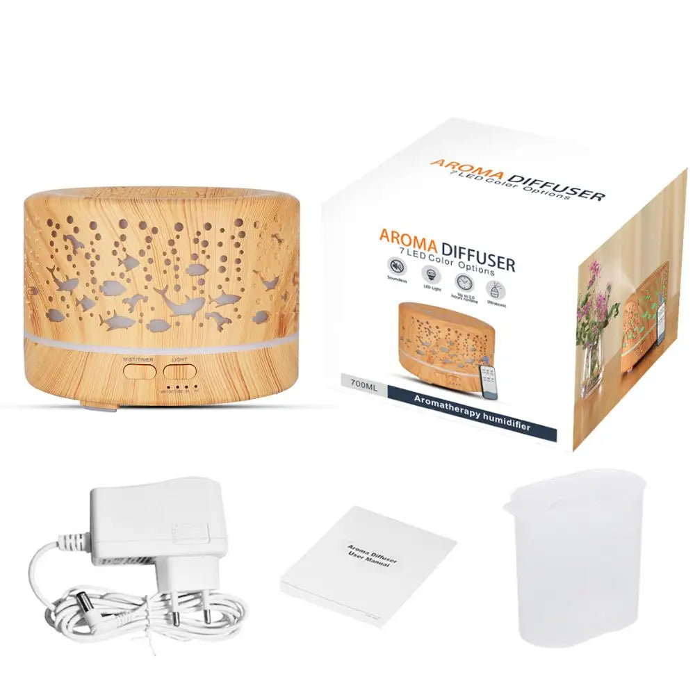 Wood grain aroma diffuser with accessories and box - essential oil humidifier set
