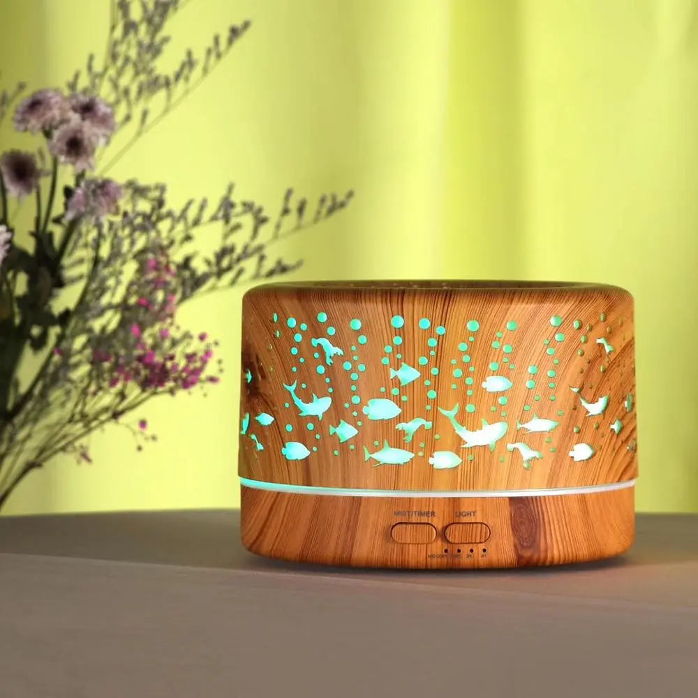 Wood grain diffuser glowing in natural setting with LED light on