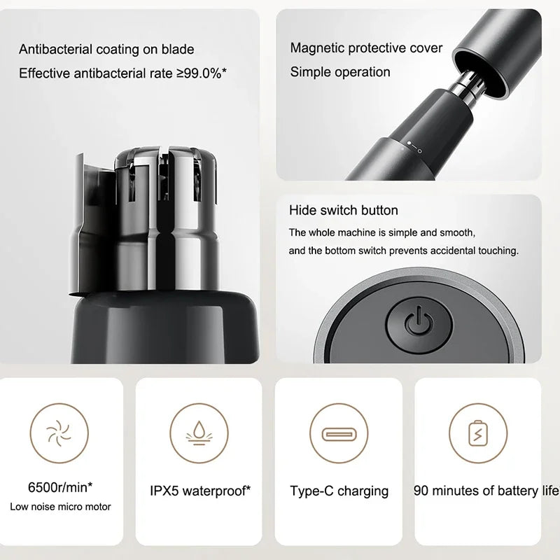 Xiaomi Mijia nose trimmer with antibacterial blades, IPX5 waterproof rating, USB-C charging, and long battery life