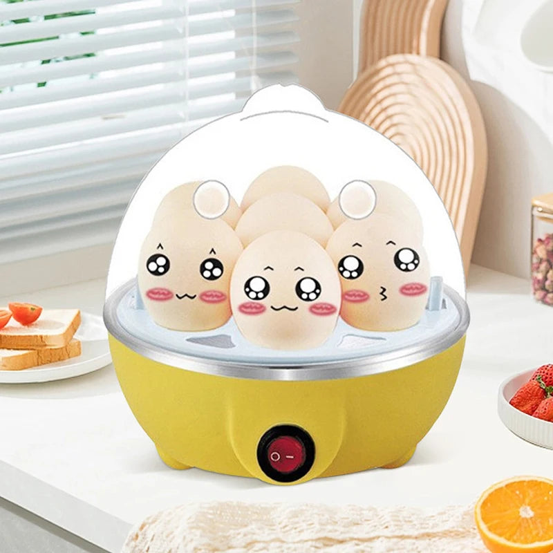 Yellow egg cooker with cartoon face design on a kitchen counter