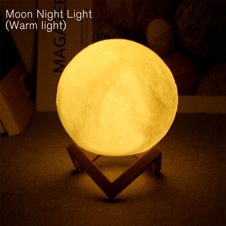 Moon night light emitting a warm glow on a stand in a dimly lit room.