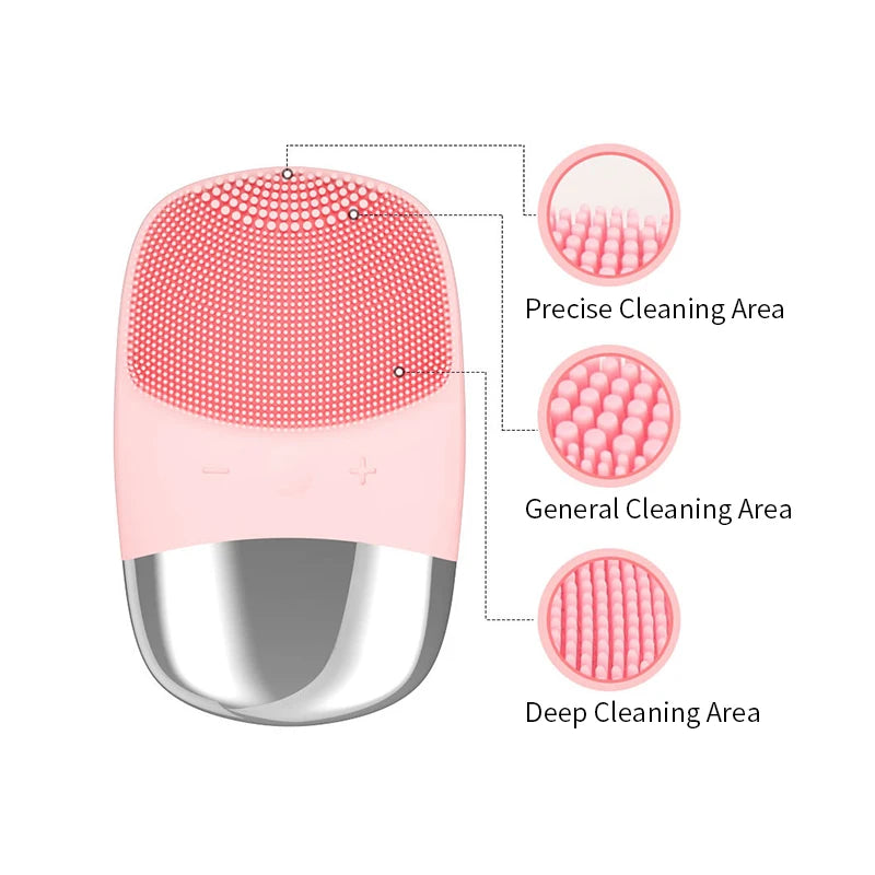 Electric silicone facial brush showing detailed zones for precise, general, and deep cleaning
