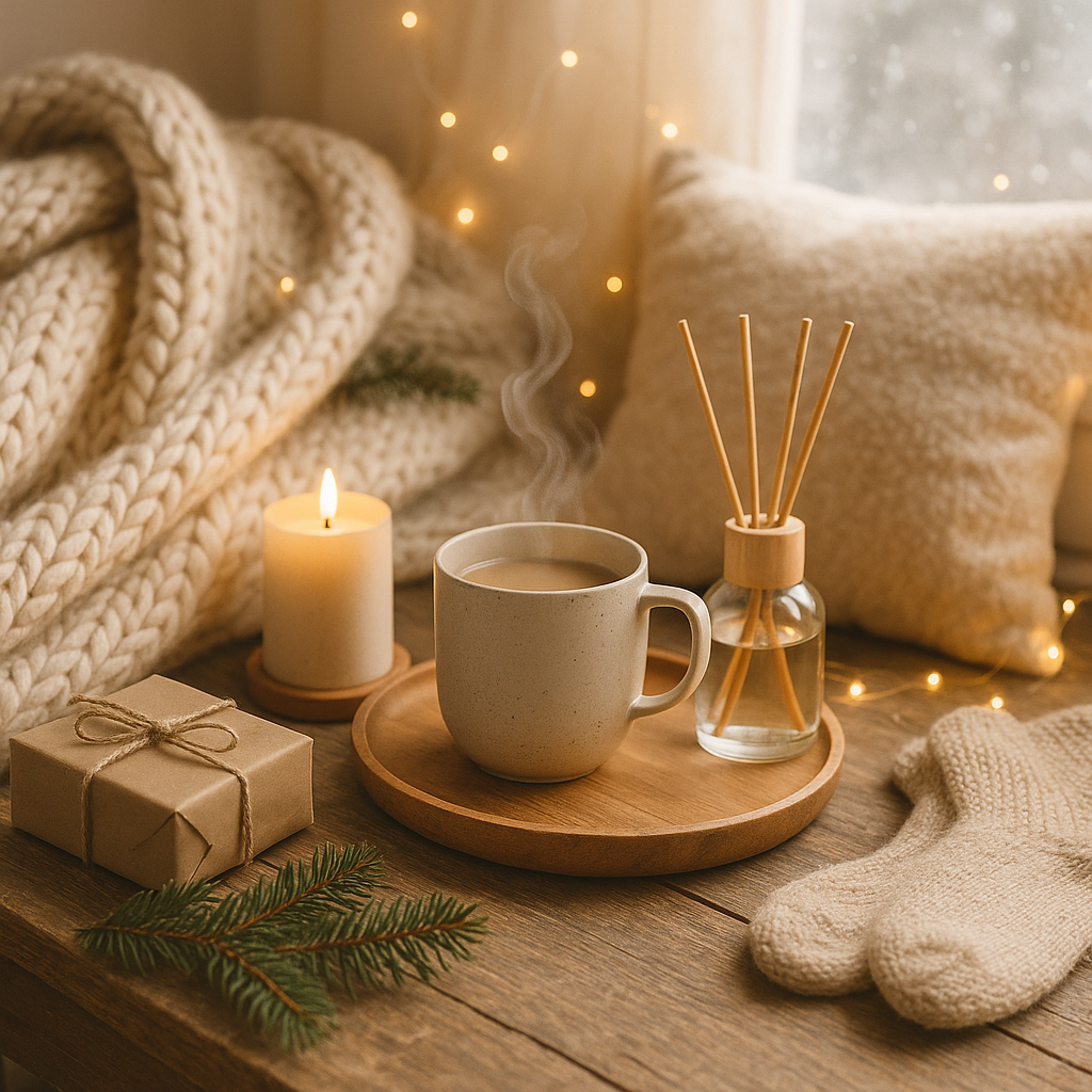 Cozy winter gift scene with steaming mug, candle, reed diffuser, knit blanket and wrapped present on a wooden tray.