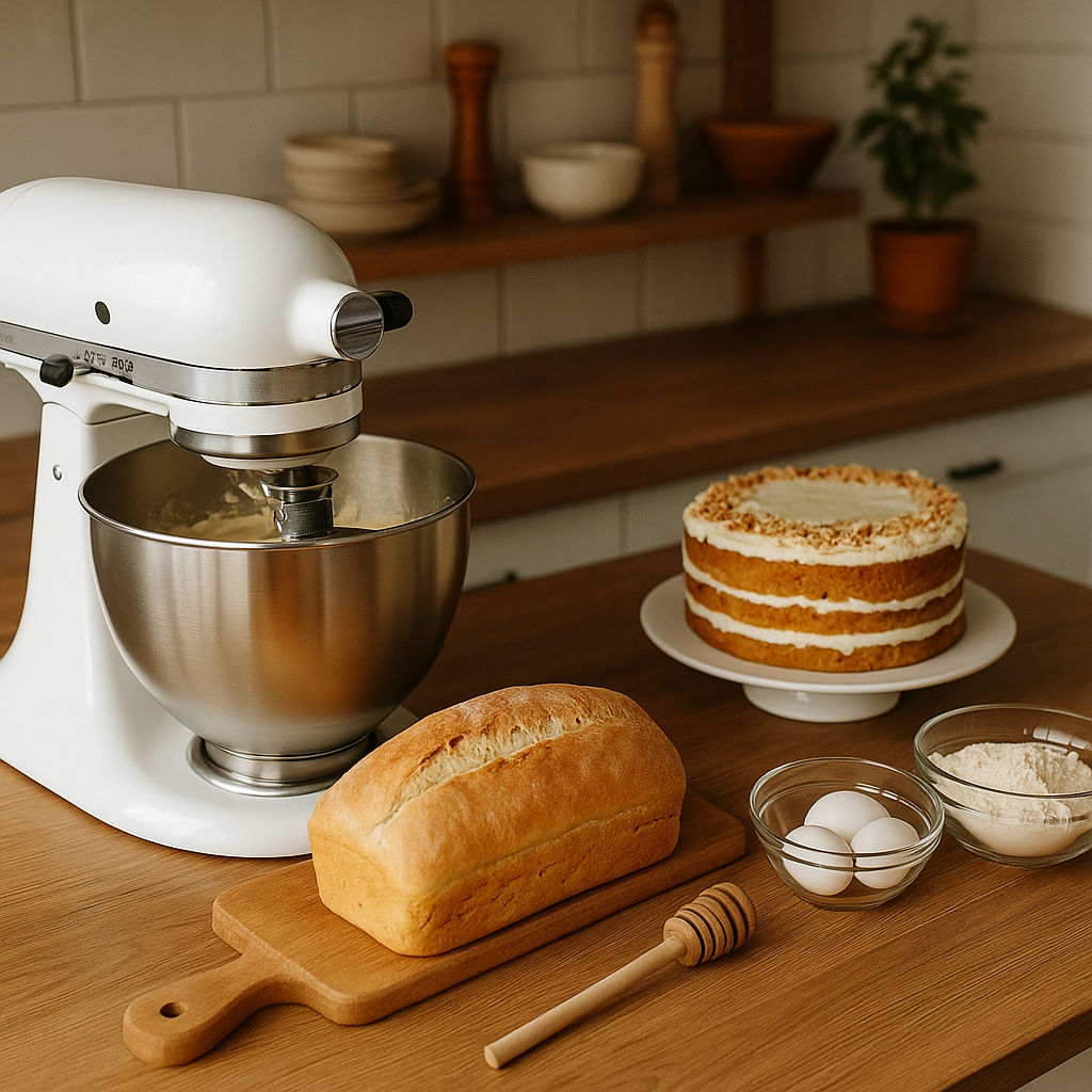 Stand mixer, freshly baked bread and cake on wooden counter in cozy kitchen with warm light and home baking vibe