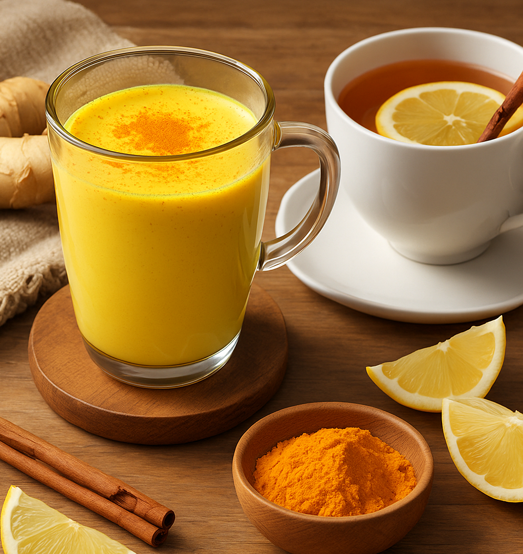 Cup of turmeric latte and herbal tea with lemon and cinnamon on wooden table creating cozy fall wellness atmosphere