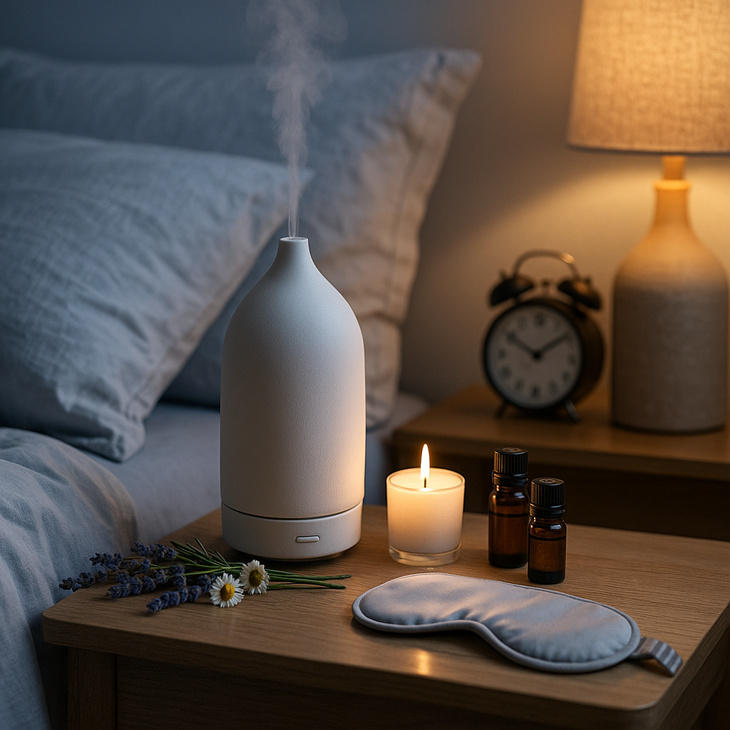 Night bedside aromatherapy: ceramic diffuser mist, candle, essential oils, lavender and sleep mask on a wooden table.