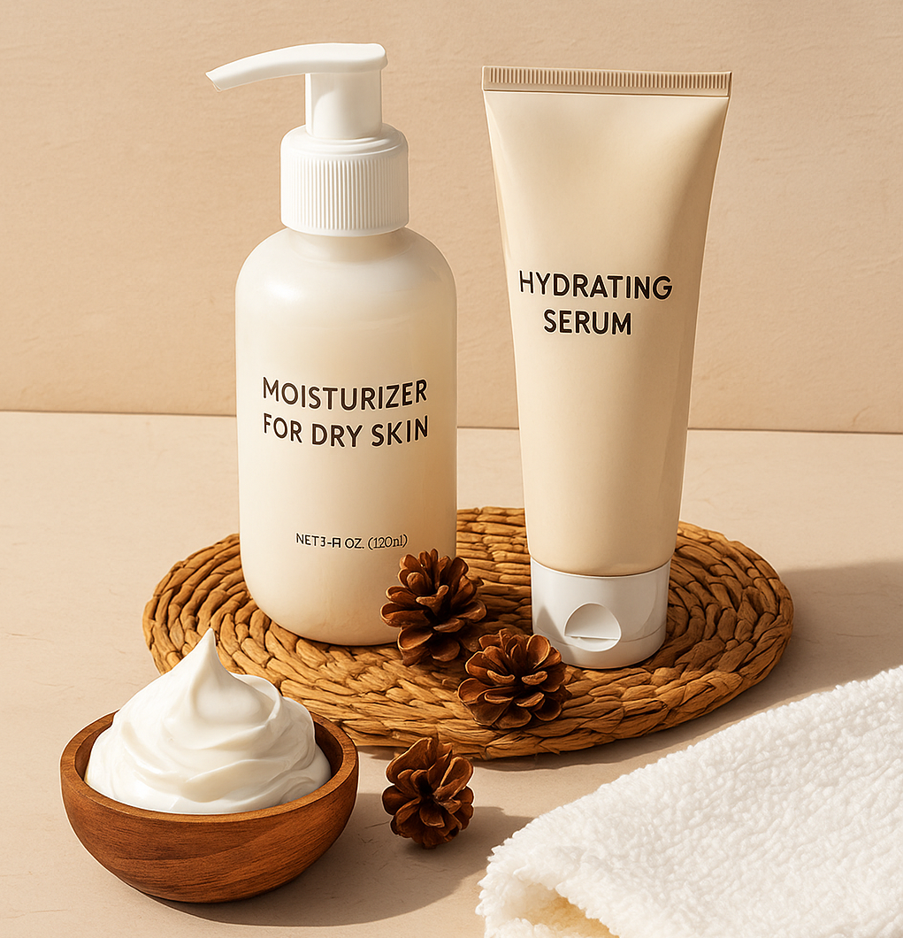 Moisturizer and hydrating serum with towel and pinecones on wooden table in cozy winter light for cold weather skincare