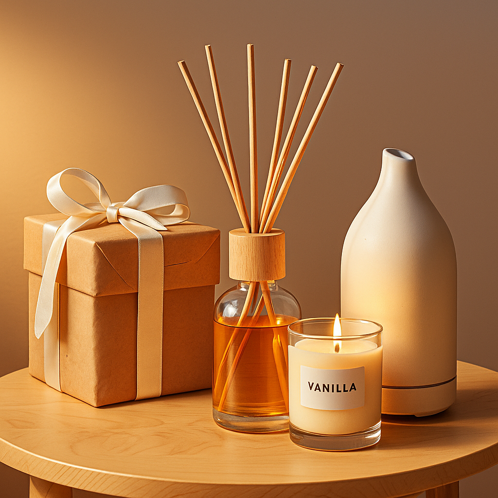 Elegant aromatherapy gift set with candle, reed diffuser and wrapped box on wooden table in warm cozy lighting